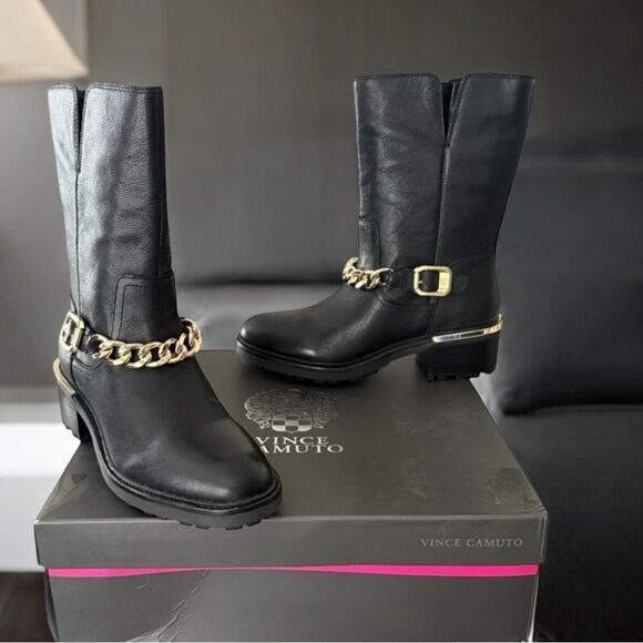 Vince Camuto Keshia Moto Black Butter Calf Leather Boots with Gold Chain - Picture 1 of 10